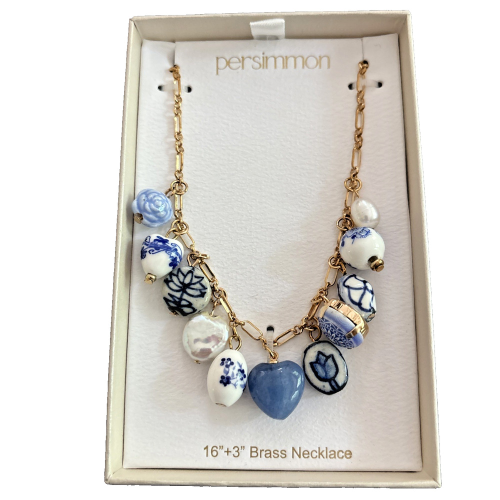 Persimmon Necklace Blue & White Pearl & Porcelain Charms Gold Brass 16″ + 3″